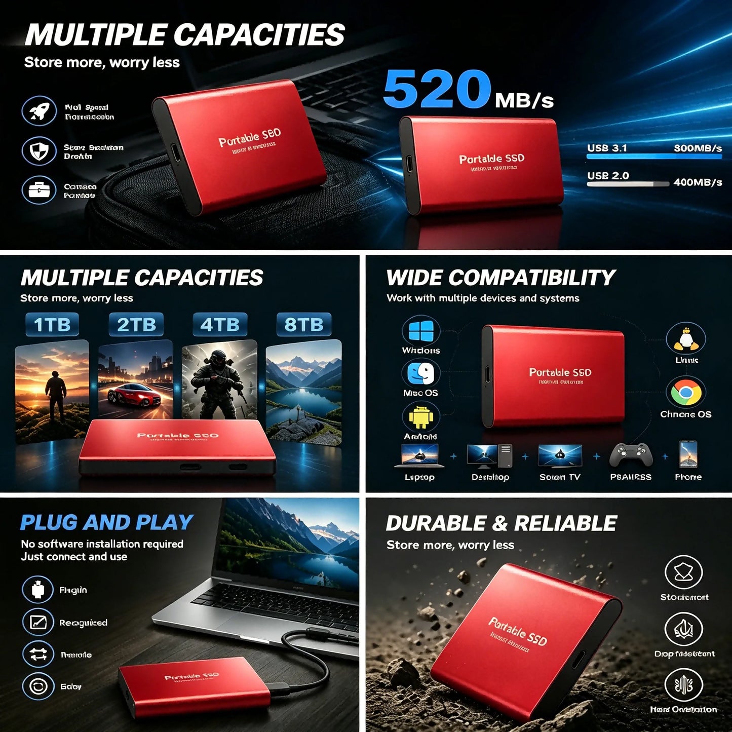 1TB Portable SSD — Slim High-Speed External Solid State Drive