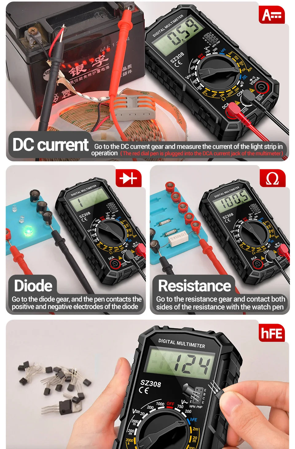 Digital MultimeterAC/DC Current Voltage Resistance Meter Meter Electrician LCD Backlight Ohm Square Wave Test tools ANENG SZ308
