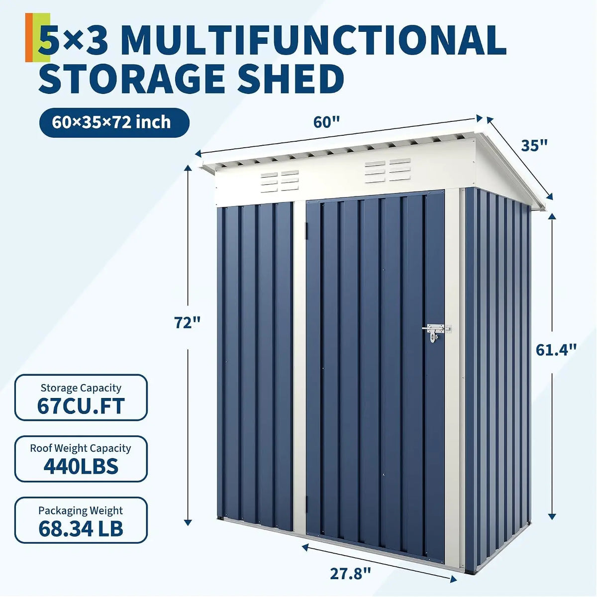 Heavy-duty 5x3 ft lockable metal storage shed — view 18 of 18
