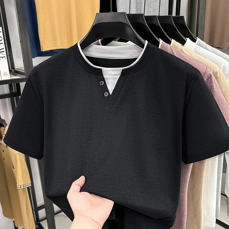 Men's Henley T-Shirt - Short Sleeve Button Detail, Layered Look