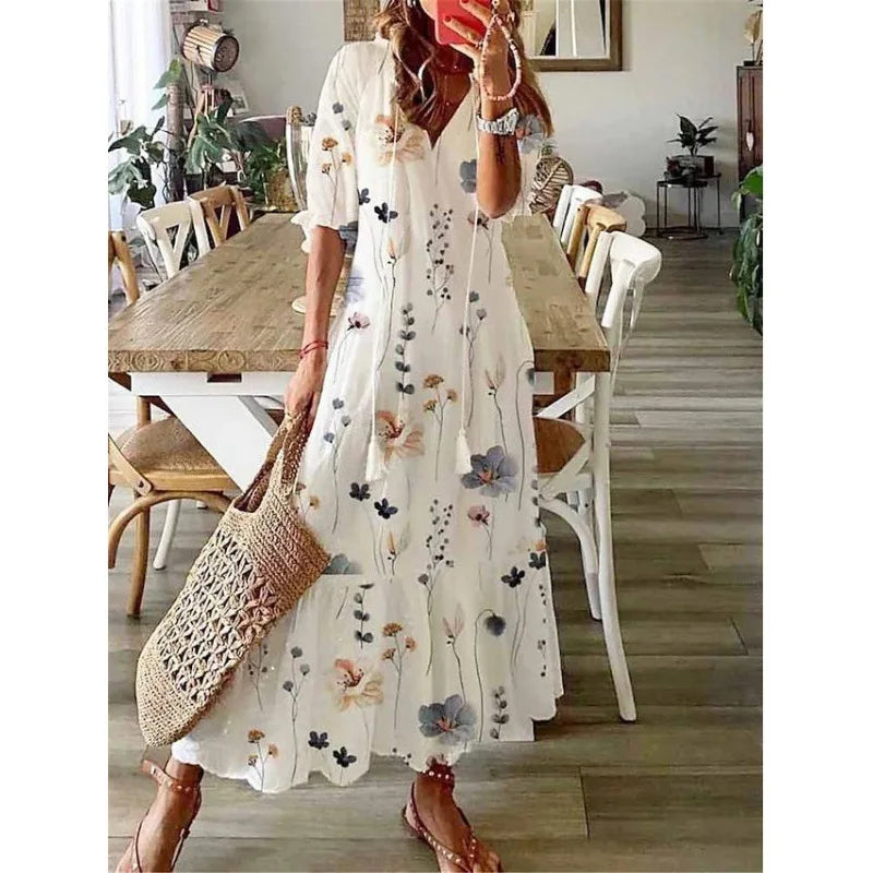 2026 Women Vintage Print Bohemian Dress Summer Fashion V Neck Half Sleeves Long Dresses Female Casual Holiday Beach Dresses