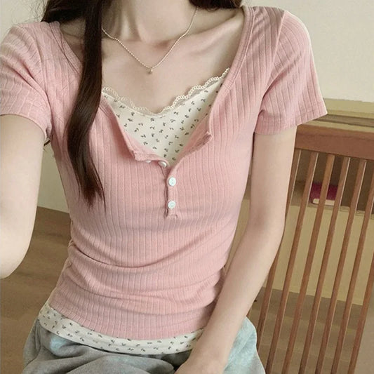 Women Soft Floral Lace Summer Blouse Lady Sweet Button Slim Fit 2026 Spliced Tops Female Seaside Designer Short sleeved T-shirt