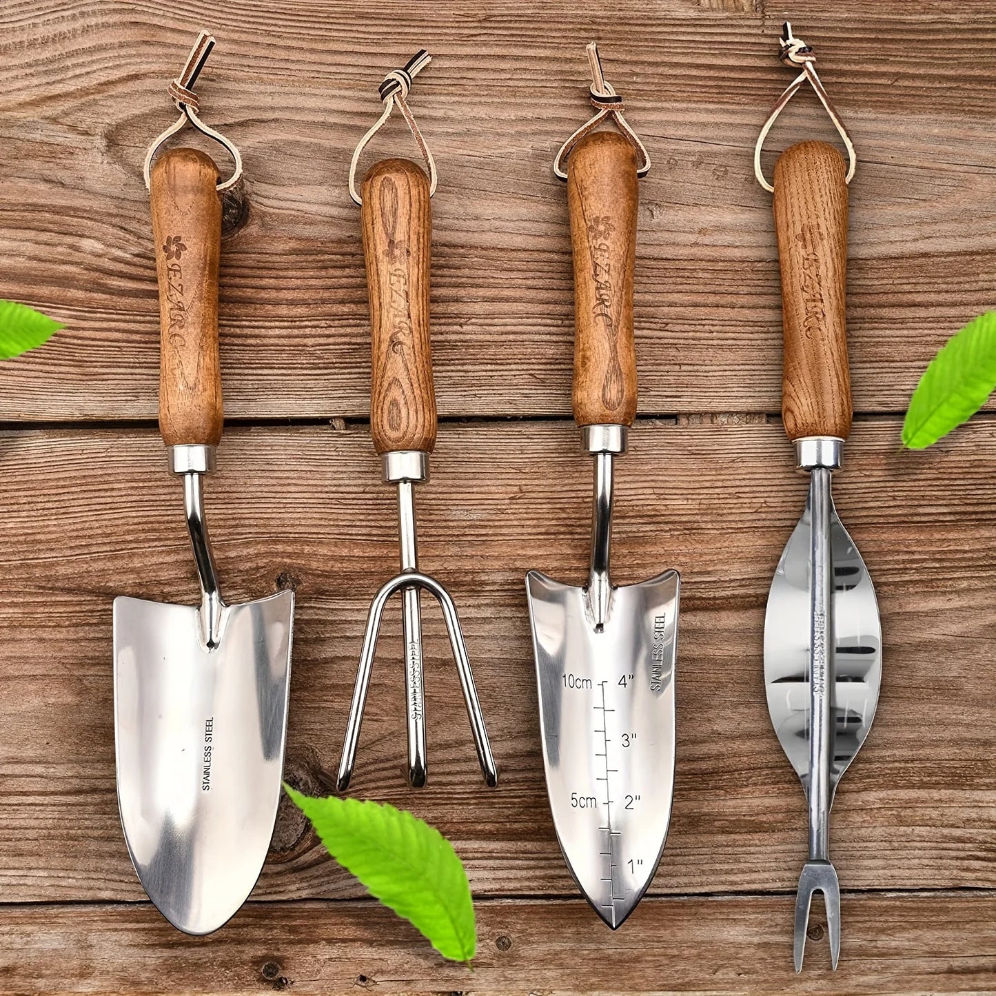 4-Piece Heavy-Duty Garden Tool Set – Stainless Steel Hand Shovel, Trowel & Rake with Wooden Handles