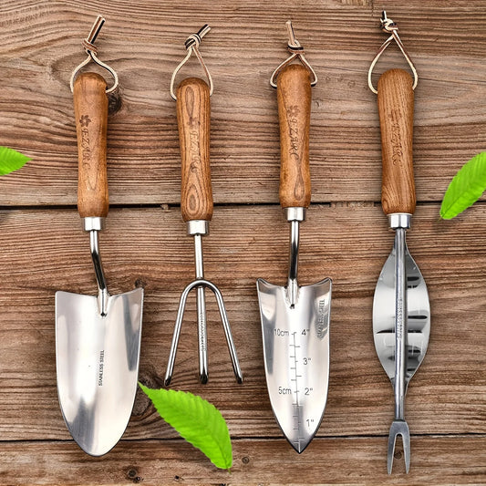 4-Piece Heavy-Duty Garden Tool Set – Stainless Steel Hand Shovel, Trowel & Rake with Wooden Handles