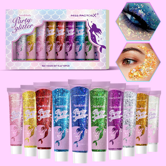 10 Color Holographic Face & Body Glitter Gel Set for Holiday Parties