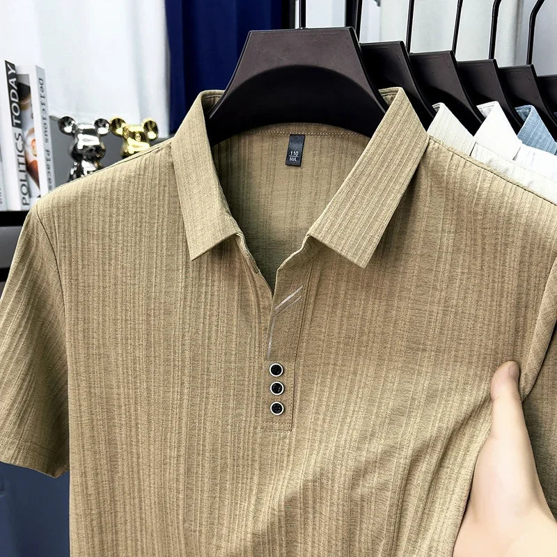Men's Vertical-Texture Polo - Lightweight Soft, Three-Button Lapel