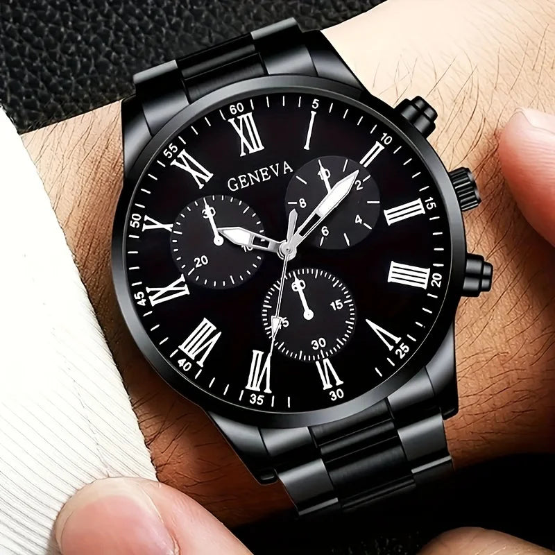 4pcs Fashion Men's Quartz Watch Set Decorative Three-eye Dial Men Business Watches Relogio Masculino（Without Box）