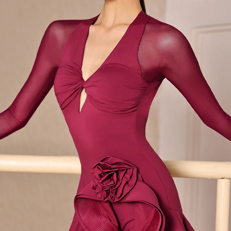Women's wine red deep-V Latin dress with fishbone skirt