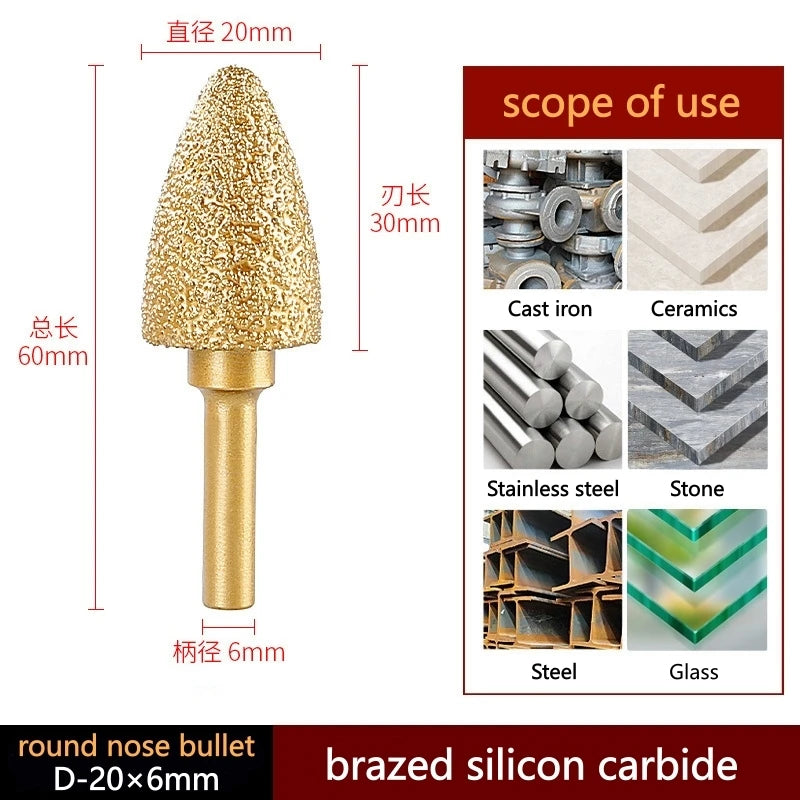 6mm Shank Brazed Diamond Grinding and Polishing Head for Cast Iron Stone Marble Tile - Deburring Metal Processing  Carve