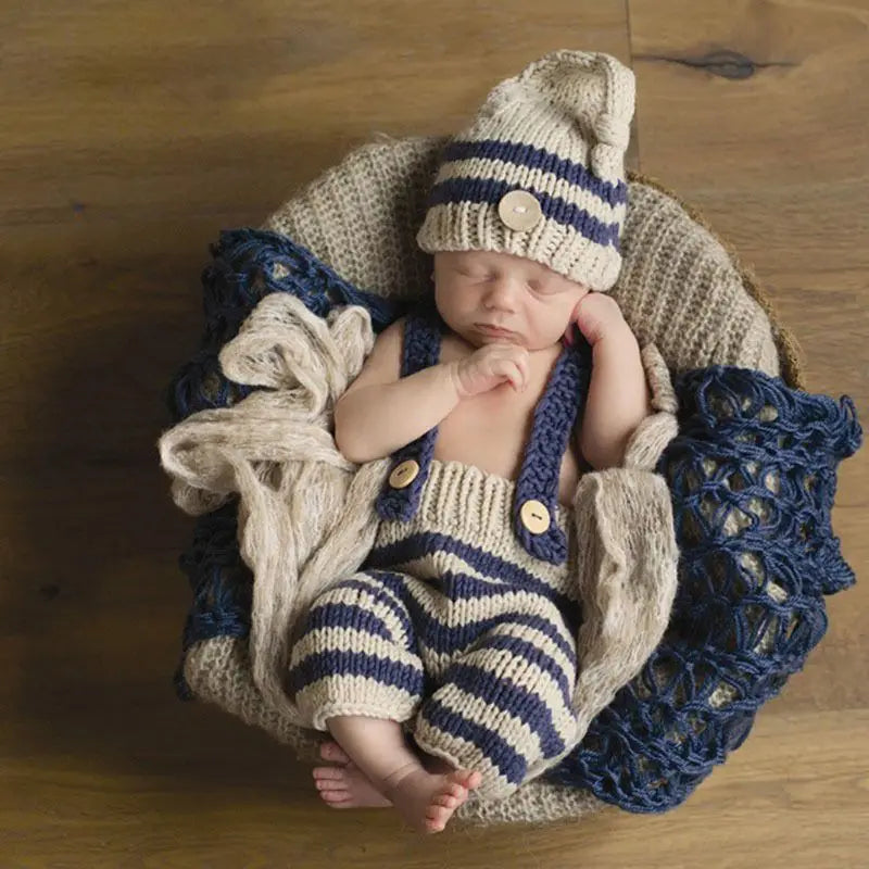 Newborn Striped Knit Hat and Jumpsuit Set - Baby Photo Outfit