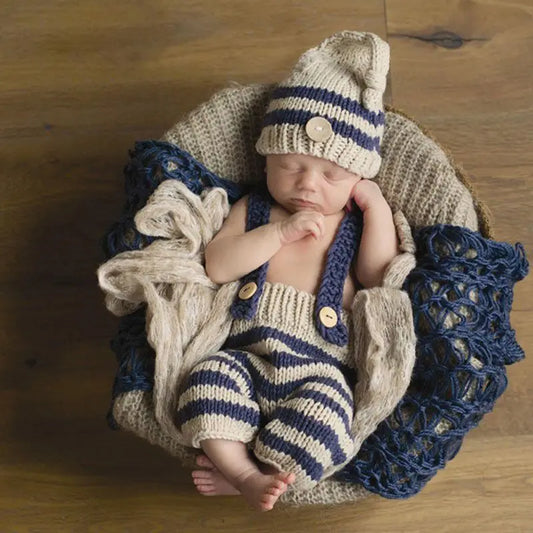 Newborn Striped Knit Hat and Jumpsuit Set - Baby Photo Outfit