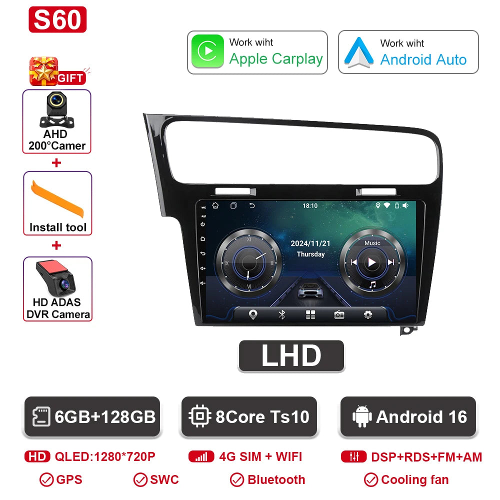 Android Car Stereo for VW Golf 7 MK7 GTI (2012–2021, RHD) — CarPlay, Android Auto, GPS, 2-DIN