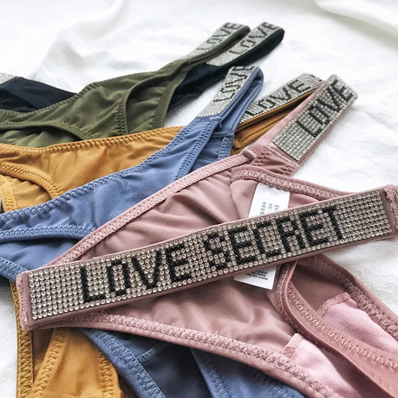 5Pcs Low Waist Sexy Panties Women Thongs Rhinestones Letter Diamonds G-string Sports Thong Shorts Briefs T-back Size S-XL
