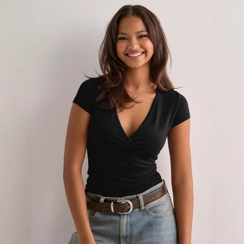 2026 Summer New Fashion Women's T-Shirt Solid-Color Slim-Fit V-Neck Short-Sleeve Top Y2k Clothing