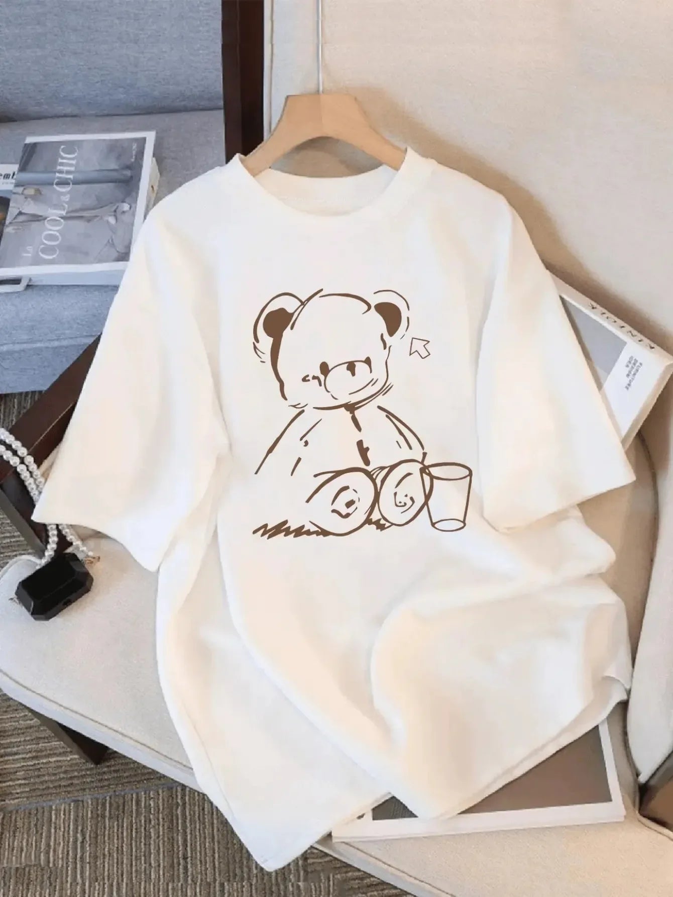 Cute Teddy Bear Print Crew Neck Tops Women's Fit Short Sleeve Cartoon Fashion Coffee Cup Kawaii Women Clothing