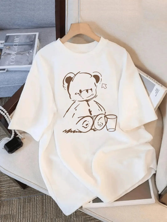 Cute Teddy Bear Print Crew Neck Tops Women's Fit Short Sleeve Cartoon Fashion Coffee Cup Kawaii Women Clothing