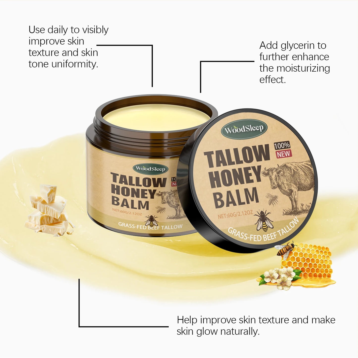 WoodSleep 60g Beef Tallow Honey Face Moisturizer - Intense Hydration for Dry Skin, Anti-Chapping Winter Skincare for Women & Men