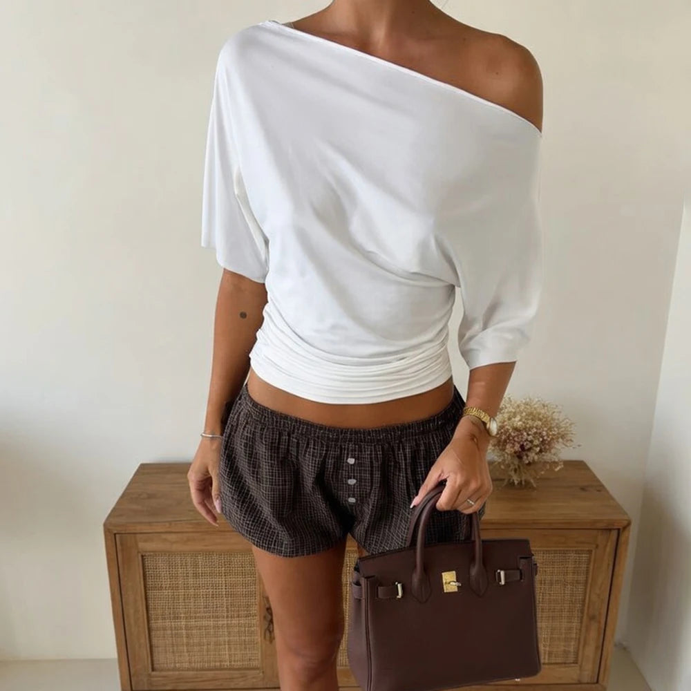 Women's One Shoulder Slim Crop Top – Short Sleeve Y2K Streetwear Tee
