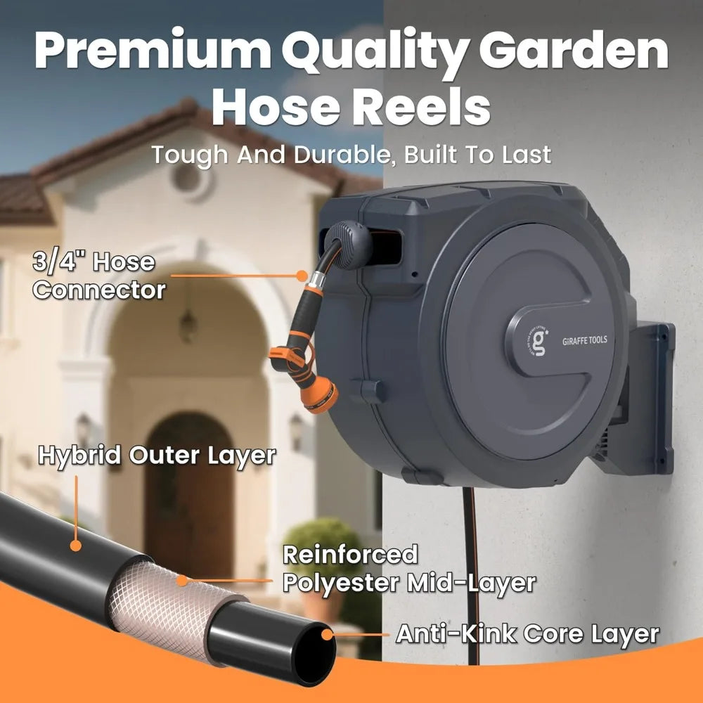 Retractable Garden Hose Reel, 5/8" x 62 ft, Wall Mounted, Lock at Any Length, 9-Function Nozzle