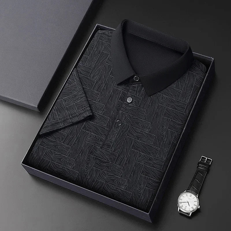 Men's Print Lapel Polo - Wood-Tile Pattern, Half-Button Placket