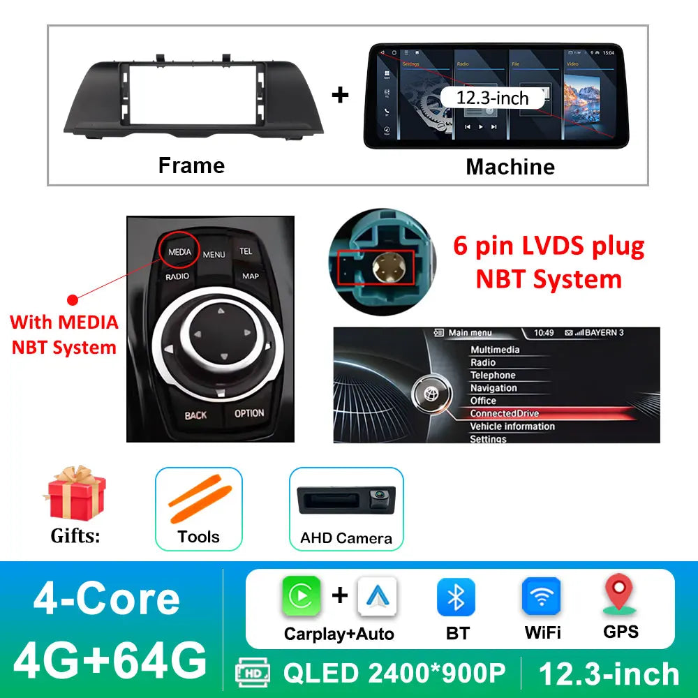 Android 16 Wireless Carplay Car Radio Multimedia Player for BMW 5 Series F10 F11 2010 - 2017 CIC NBT System QLED Screen GPS WiFi