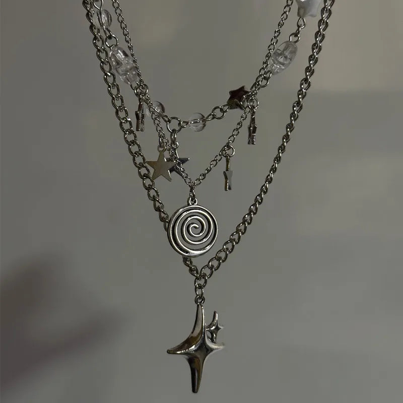 Stainless Steel Spiral Pendant Necklace — Layered Star Choker