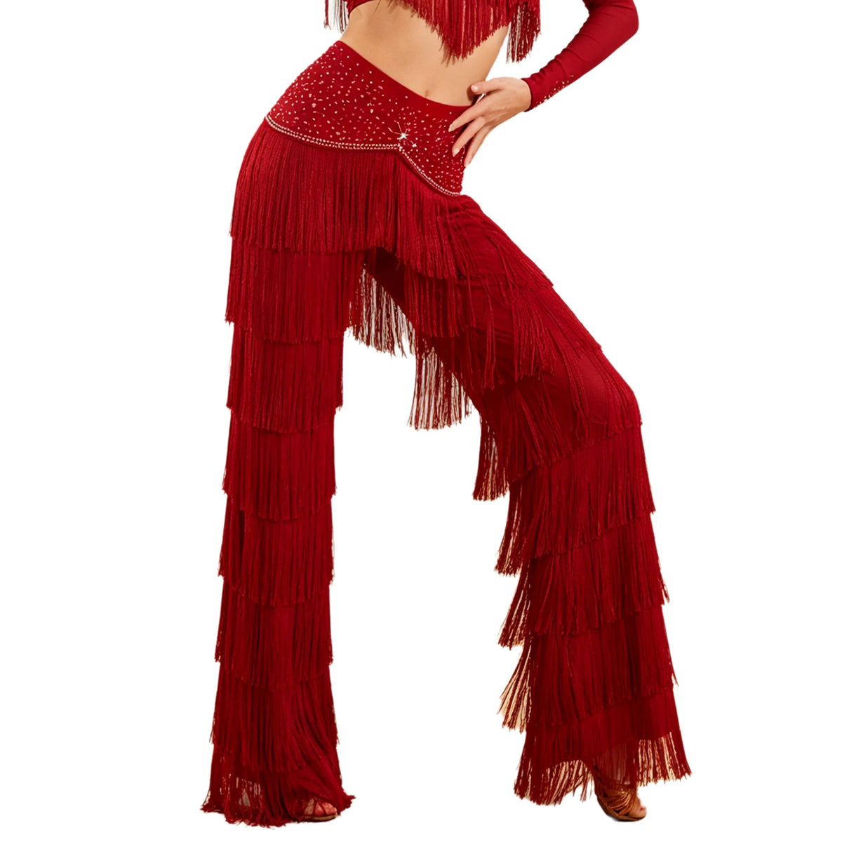 Women's rhinestone fringe Latin set with pants
