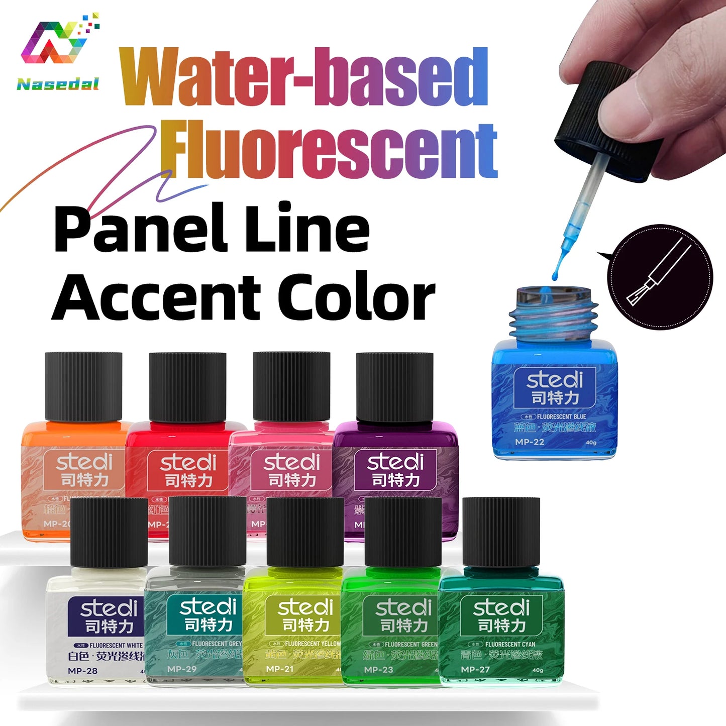 Stedi MP-20~29 40g Water-based Fluorescent Panel Liner Paint for Gundam Model Building Fluorescent Ink Panel Line Accent Color