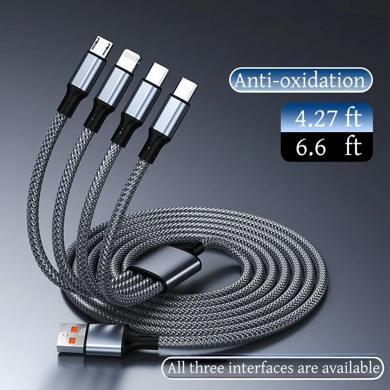 4-in-1 Multifunctional Charging Cable Supports USB-A to USB-C, Micro USB, and Braided Cables for Charging Multiple Devices