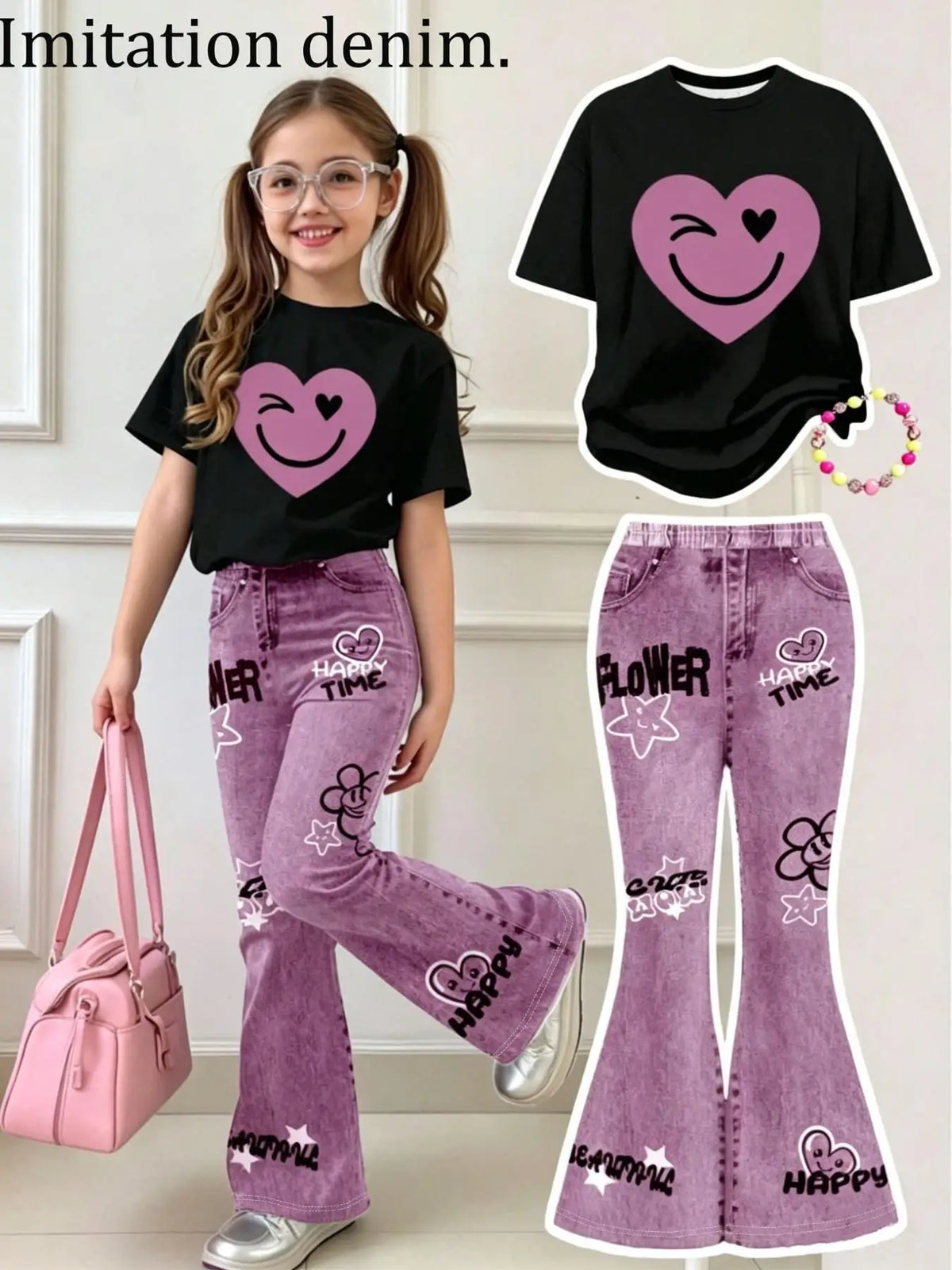 Girls' Summer Casual Outfit: Black Short-Sleeve Top with Smiley Face Print + Purple Flared Pants with English Print, Two-Piece Set Suitable for Ages 3 and Above, Versatile Clothing for Home and Outings