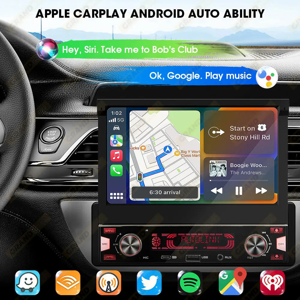 1-DIN 7" Retractable Touchscreen Car Stereo — Wireless CarPlay, Android Auto, GPS, FM/AM RDS