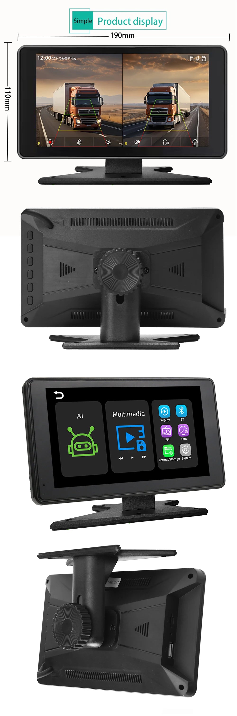 7 inch Truck DVR System BSD Sound and Light Alarm 2CH 1080P Night Camera Touch Screen MP5 BT AHD Monitor 24H Parking Recorder