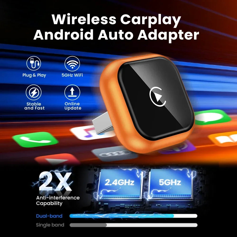 2-in-1 Wireless CarPlay & Android Auto Adapter — Low-Latency Auto-Connect for VW, Ford, Toyota, Honda, Nissan, Kia