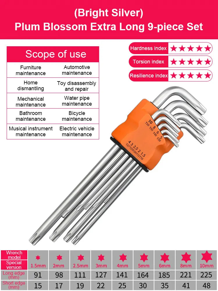 9Pcs Torx Star Wrench Kits Set Allen Keys Hexagon Spanner Key Set Plum Blossom Dual End L Type Star Screwdriver Hand Repair Tool