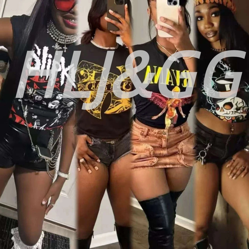 HLJ&GG Black Fashion Graphic Printing Loose T Shirts Women Round Neck Sleeveless Tops Summer New Female Hip Hop Streetwear 2025