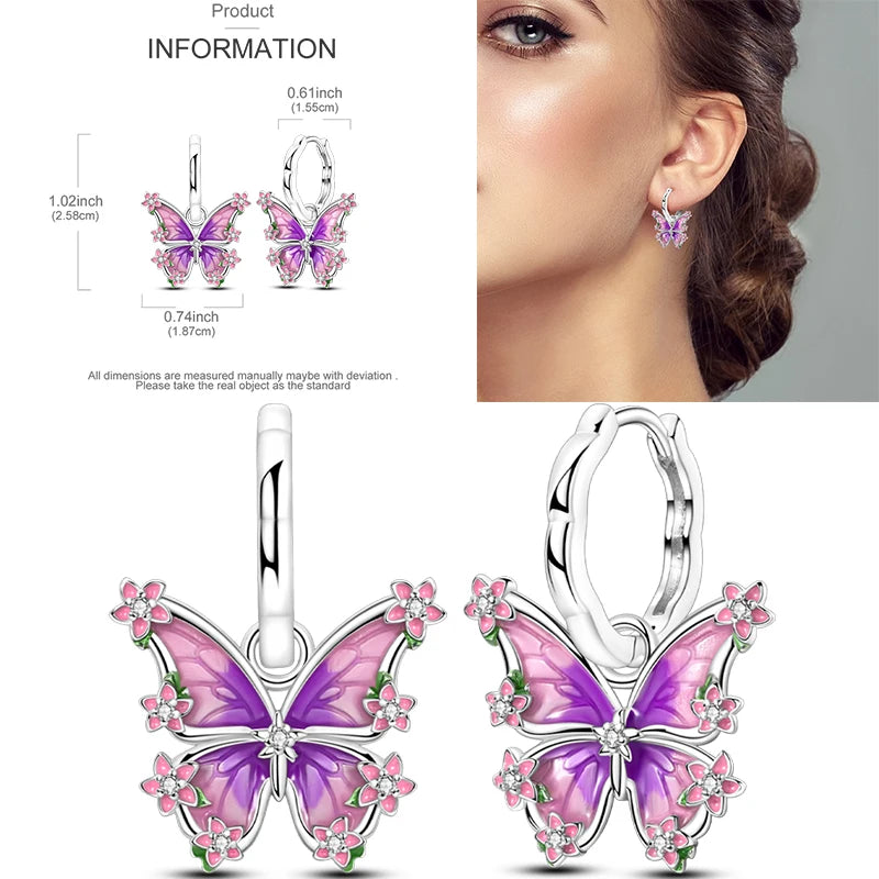 Sparkling Gold Woman Hoop Earrings 925 Sterling Silver Butterfly Colored Zirconium Earrings for Women Jewelry Anniversary Gift