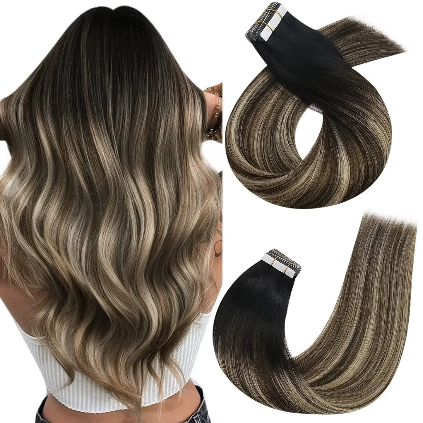 Moresoo Tape in Human Hair Extensions Balayage Blonde Hair Remy Hair Natural Soft Skin Weft Straight Seamless Hair Tape in Hair