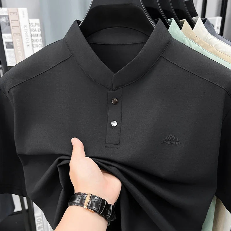 Men's Sport Mandarin Collar Polo - Breathable Mesh, Button Placket