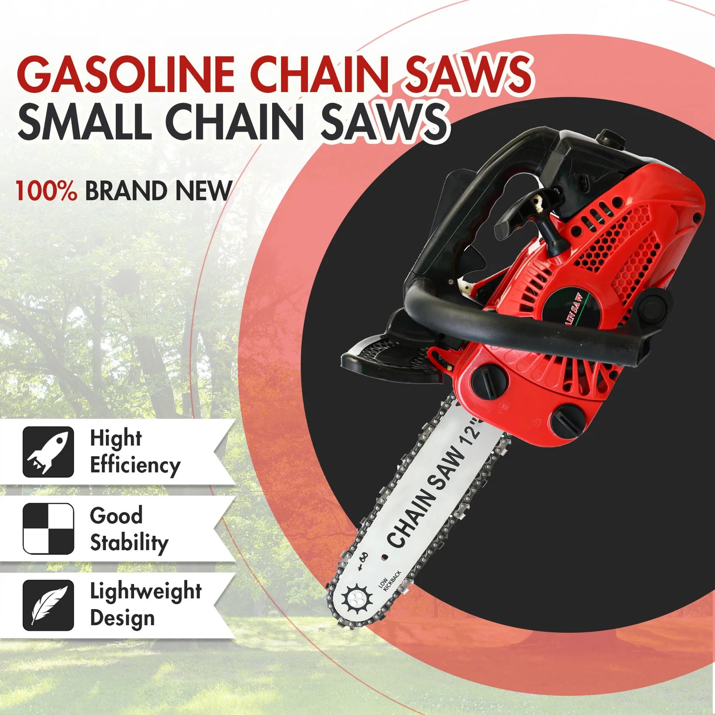 12" Gasoline Chainsaw — 25.4cc Lightweight Portable Saw for Tree & Branch Cutting