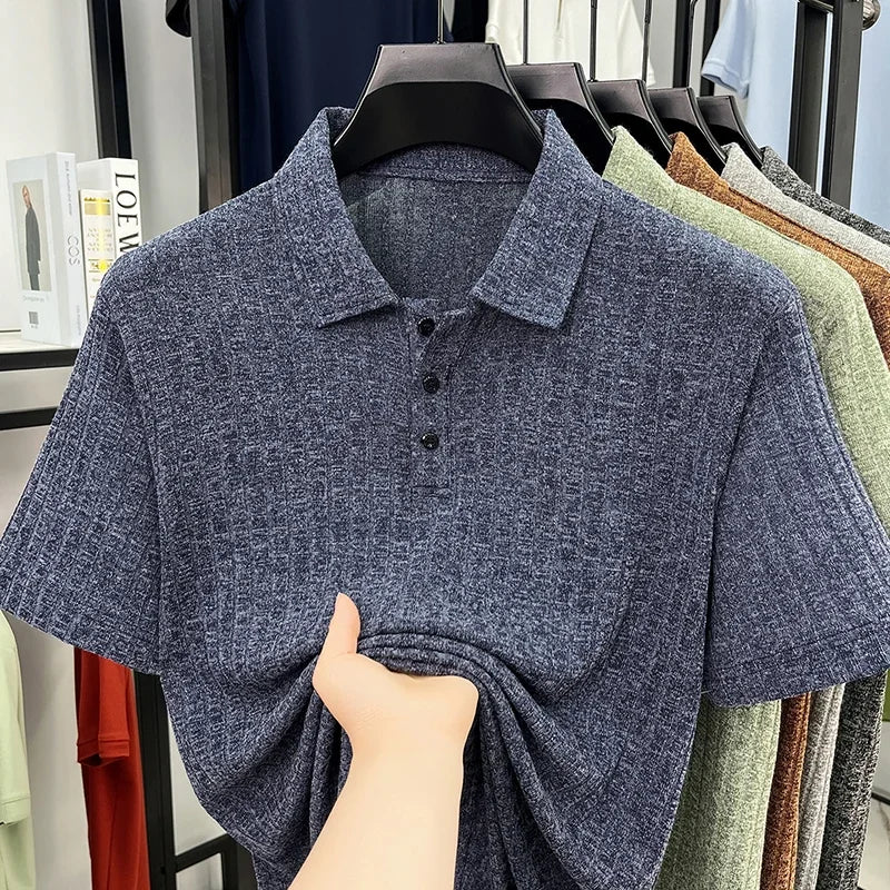 Men's Ribbed Knit Polo Tee - Soft Stretch, Three-Button Lapel