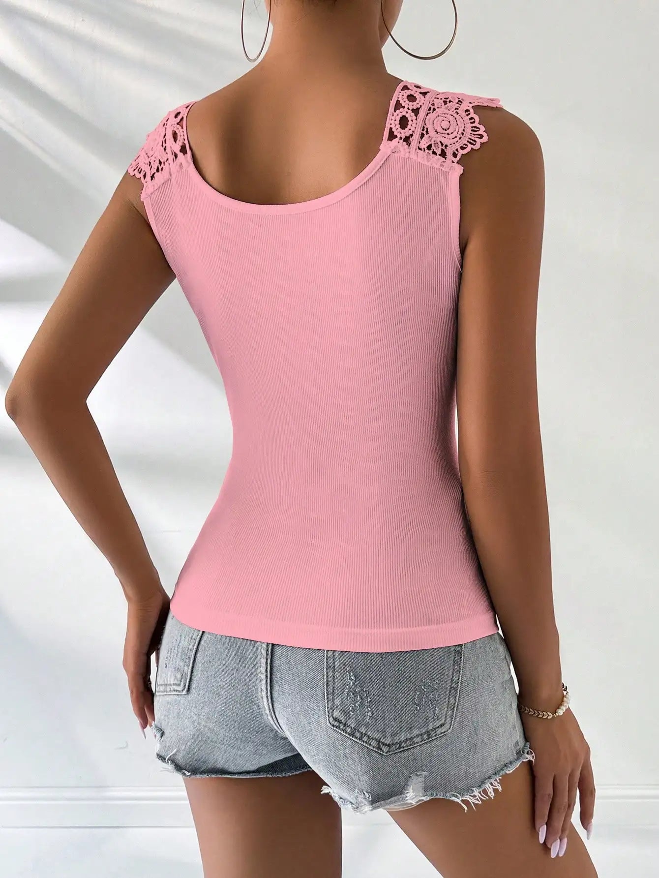 Elegant Pink Ribbed Tank Top V Neck Lace Shoulder Detail Sexy Bodycon Casual Daily Wear Top  tank top women women tops