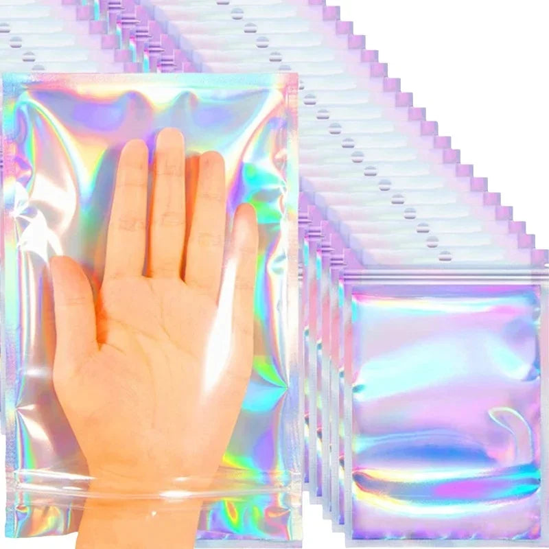 50/10PCS Laser Sealing Bags Plastic Holographic Candy Food Pouch Resealable Necklace Jewelry Gift Packaging Kitchen Storage Bag