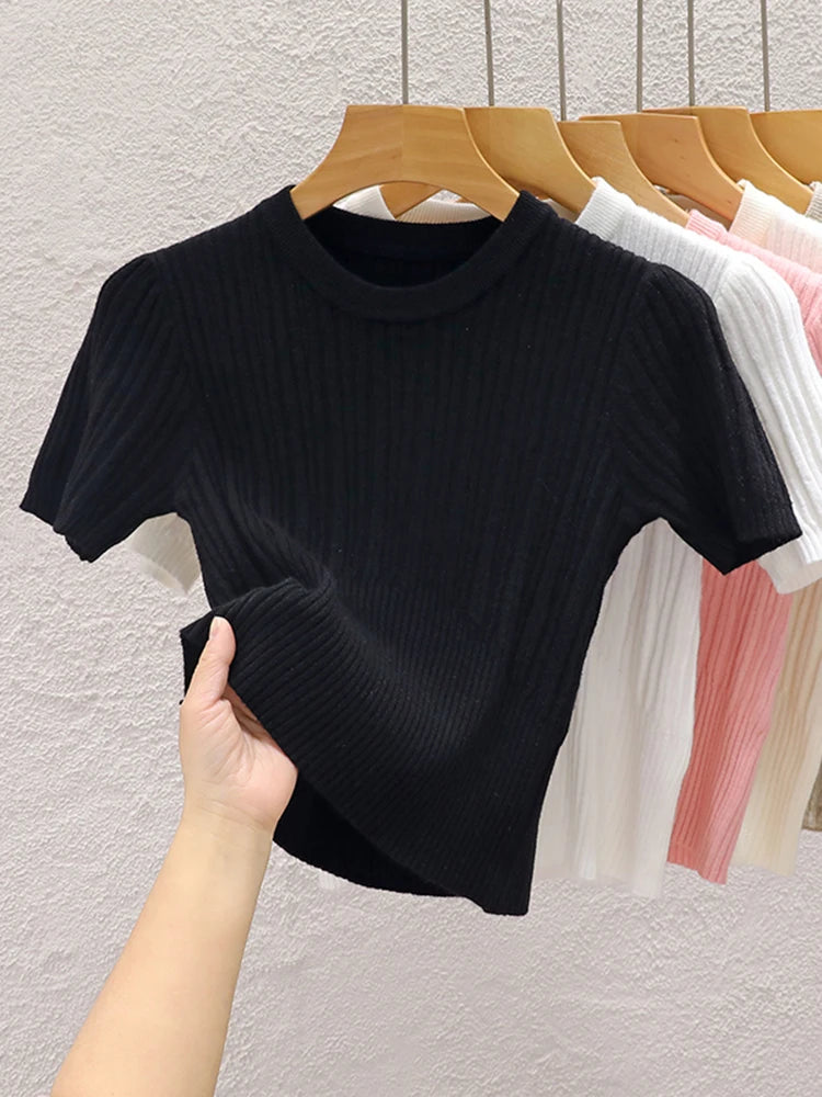 Women's Knit Summer T-Shirt — Korean Basic Solid Top