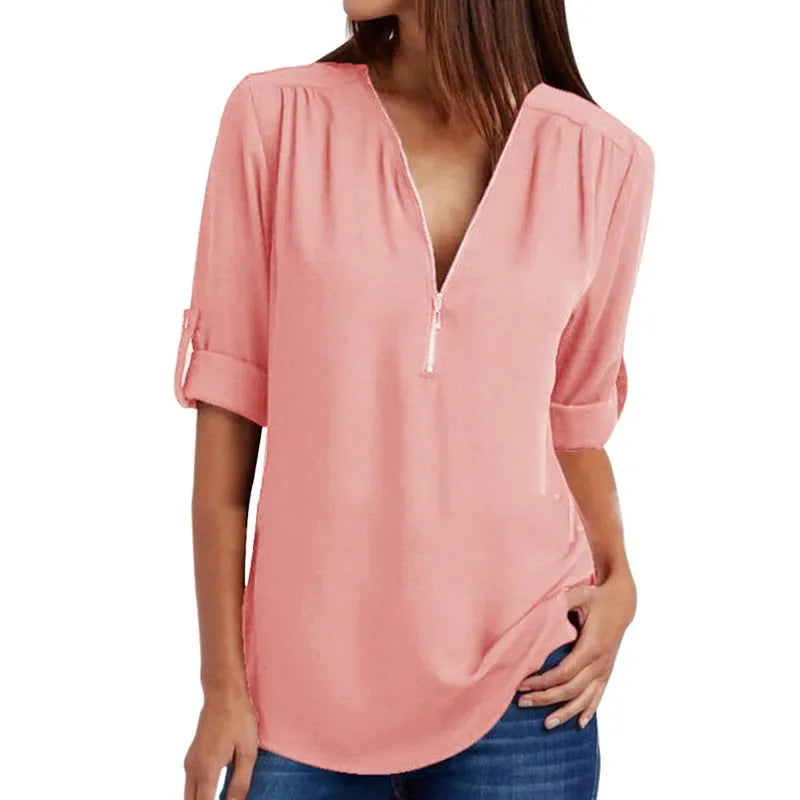 Customizable Women Blouse Zipped Rolled Sleeve Blouse Tailor-made T-Shirts CS6611