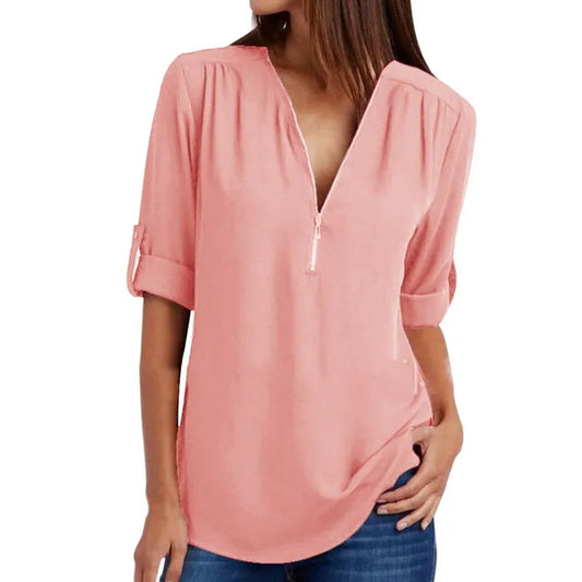 Women's Zipped Rolled-Sleeve Blouse - Tailored Style Shirt