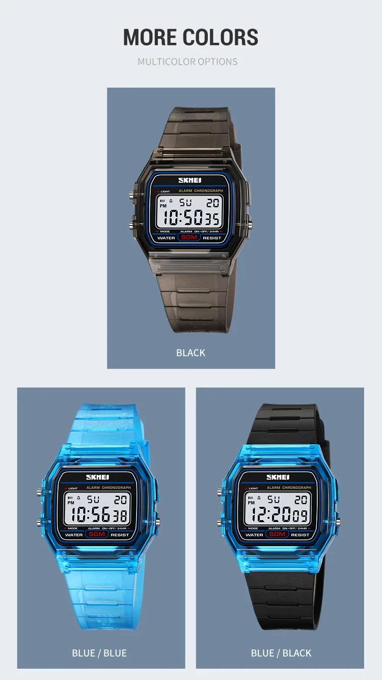 Skmei Women Digital Watches Fashion Transparent Case TPU Strap Led Waterproof Swimming Sports Wristwatch Female Alarm Clock