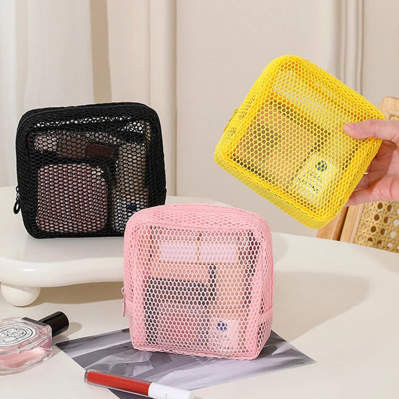 Square Mesh Cosmetic Bag Portable Lipstick Cosmetic Storage Bag with Zipper Multi-purpose Sundries Storage Bag Cute Student Case