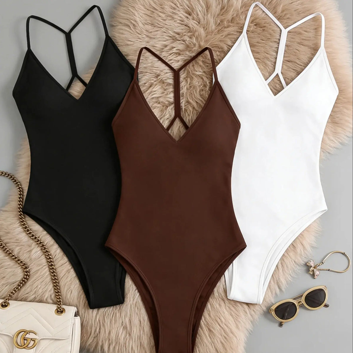 Women's V-neck criss-cross back bodysuit set — view 8 of 8