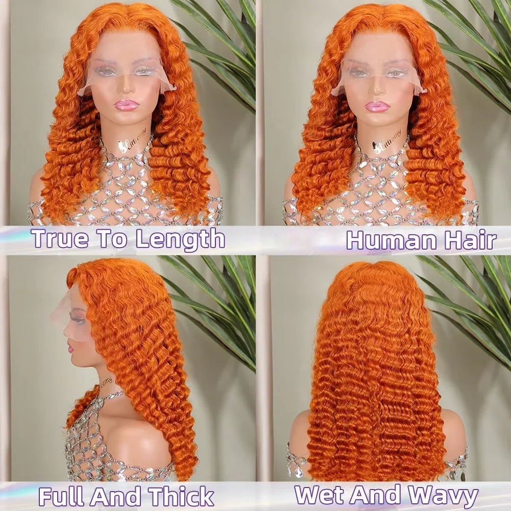 Curly Wig Human Hair Peruvian Deep Wave 13x6 HD Lace Front Wigs Human Hair For Black Women Pre Plucked Orange Ginger Color #350 13x4 Transparent Lace Frontal Human Hair Wig 240%