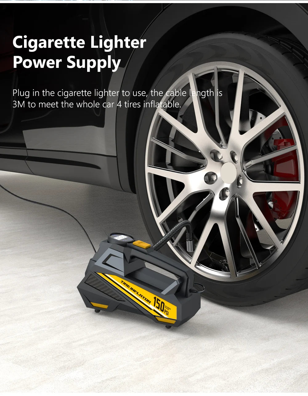 CARSUN Corded Portable Car Air Pump 12V 150PSI Electric Tire Inflator Pump Motorcycle Bike Ball LED Light Car Air Compressor